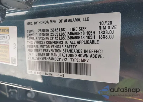 2021 Honda Pilot Awd Ex-L from USA, damaged, VIN 5FNYF6H54MB031395